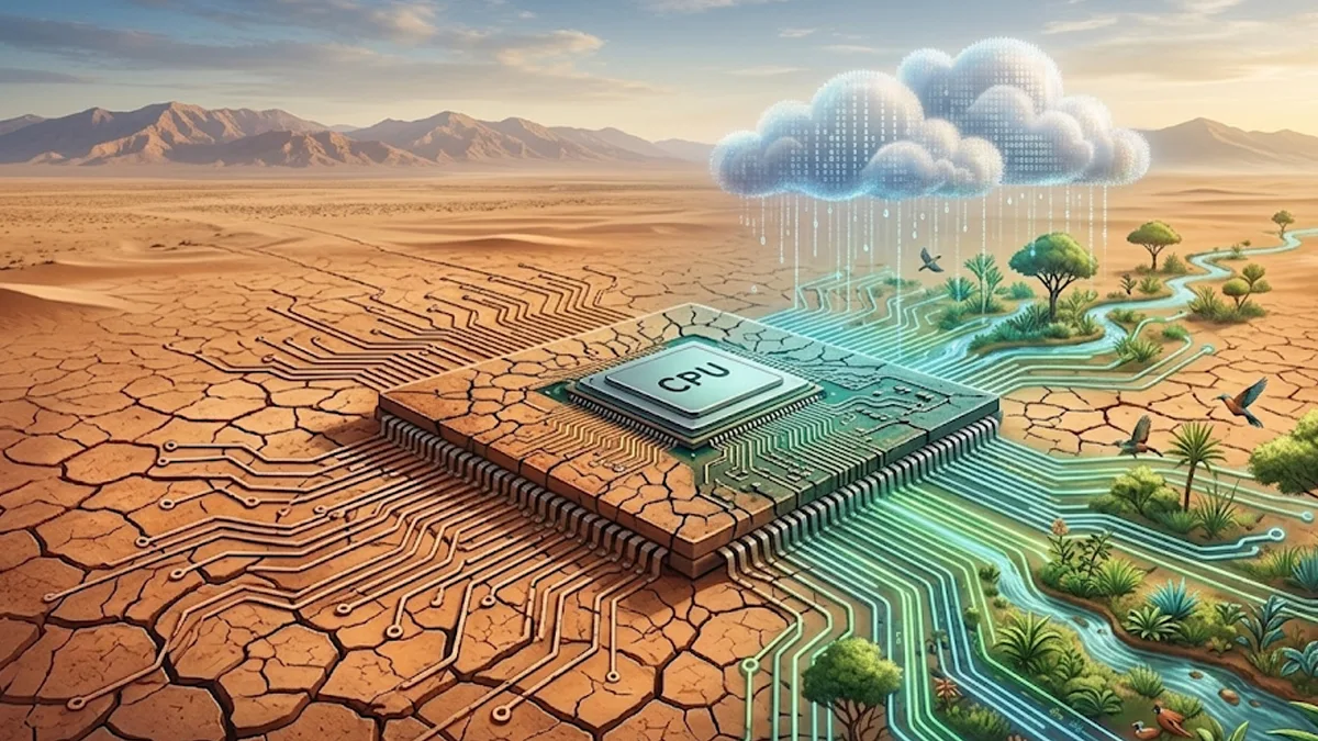 La Soif du Silicium: l’insurrection écologique du cloud marocain Illustration allégorique d'un processeur informatique scindant un paysage aride aux terres craquelées et une oasis verdoyante, symbolisant le défi du numérique frugal et du cloud vert au Maroc face au stress hydrique.